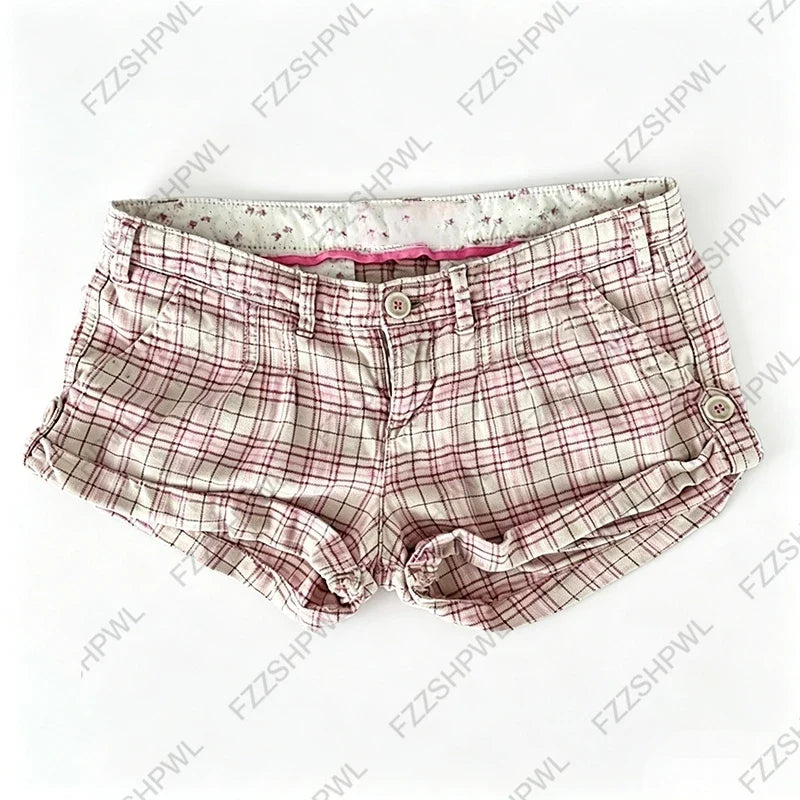 Y2K Pink Plaid Denim Shorts Women Low Waist Roll Hem Checkered Pants Vintage Floral Lining Button Side Summer Mini Short Jeans