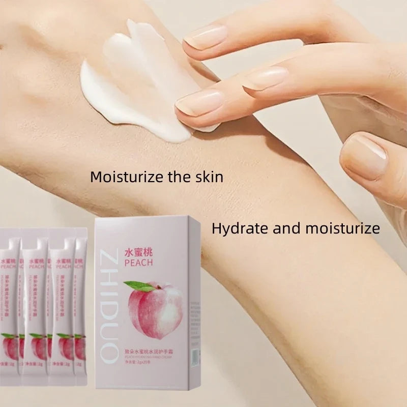 A Box of 20 Peach Moisturizing and Hydrating Hand Creams, Portable Moisturizing Sticks, Suitable as Hand Cream, Face Cream, and Body Lotion, Ideal as Souvenirs and Gifts.