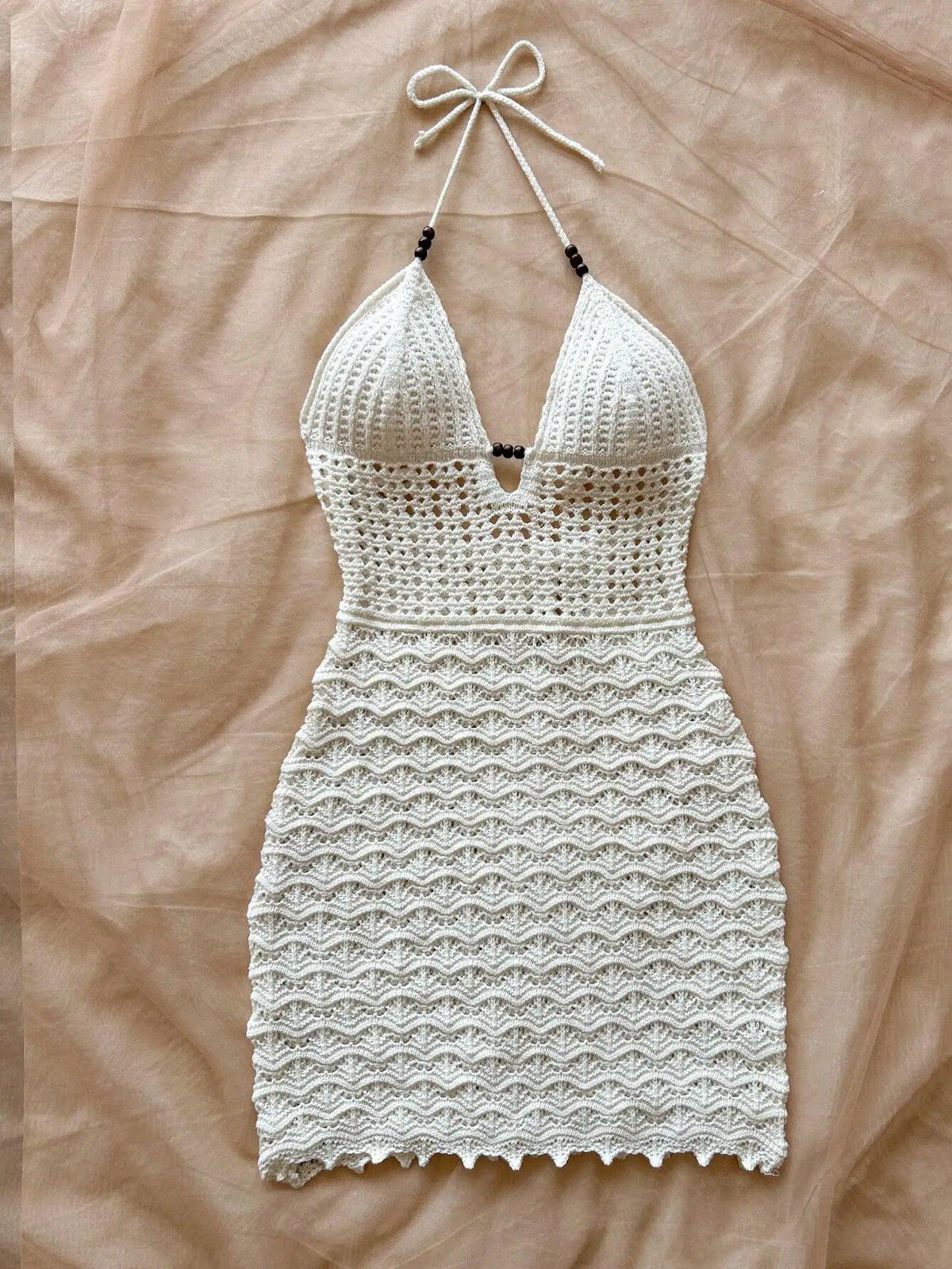 Women's V-Neck Strapless Dress, Hollow Out, Wooden Bead, Slim Fit, Gradient Color, Knitted, Sexy, Vacation Wear