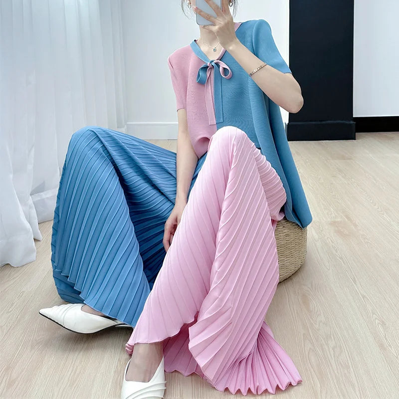 Blouse Pants Suit Women Summer Youthful Pleated Tie-Front Delicate