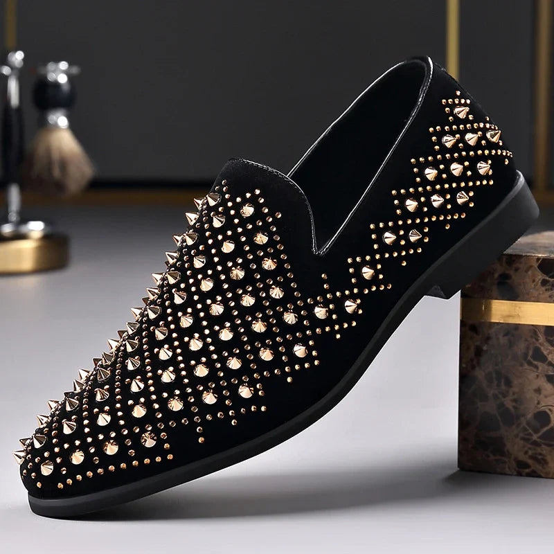 large size mens fashion stage nightclub cow suede leather rivets shoes slip-on studded shoe breathable loafers designer footwear