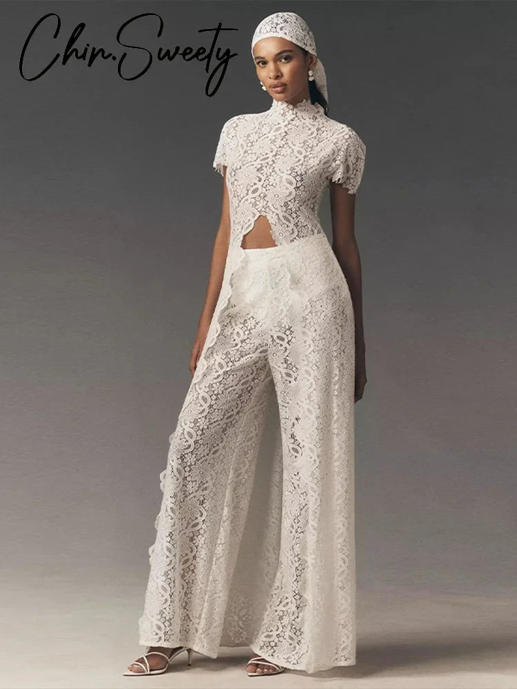 Fashion Lace Solid Women's Shirt Pant Set See Through Short Sleeve Long Tops Straight Trousers 2026 Summer Chic Female Suits