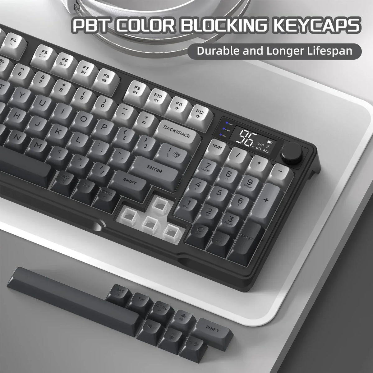 FREEWOLF M96™ Wireless Keyboard & Mouse Combo – Bluetooth 5.0 & 2.4G, Smart Screen, 96 Keys, RGB Backlit, Silent, PBT Keycaps, Multimedia Knob, X7 4000 DPI Mouse | FlipStylez LLC®