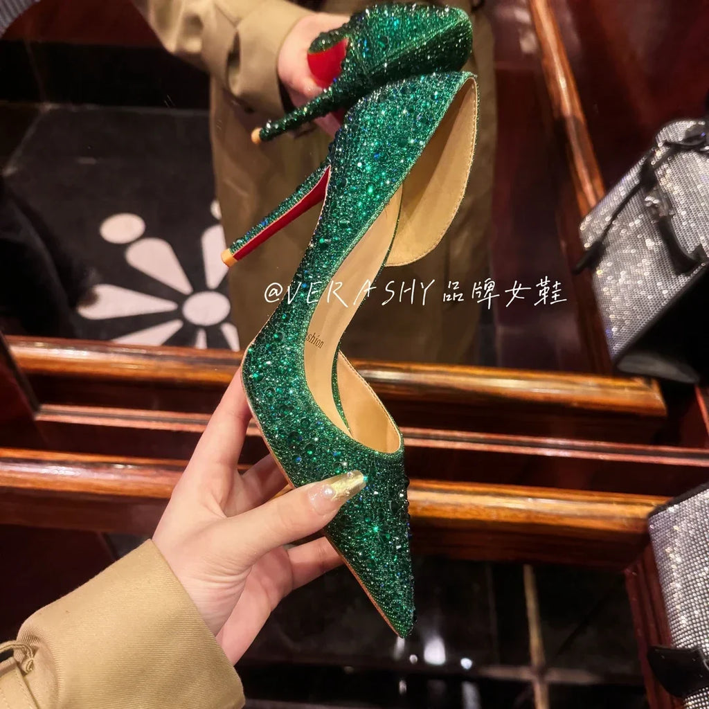 Red Sole Shoes High Heels Wedding Women Shoes Diamond Pumps  Heel 10cm Crystal Shoes Rhinestone Pointed Toe Glitter Party Heels