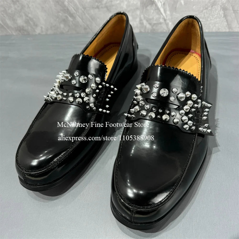 Glossy Silver Spiked Leather No Penny Loafers Men Round Toe Studded Bow Decor Slip on Dress Shoes Party Nightclub Street Shoes