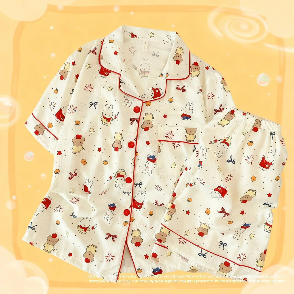 Cute Miffy Women Summer Pajamas Set Short Sleeve Shorts Comfortable Loose Soft Breathable Casual Homewear Loungewear Sleepwear