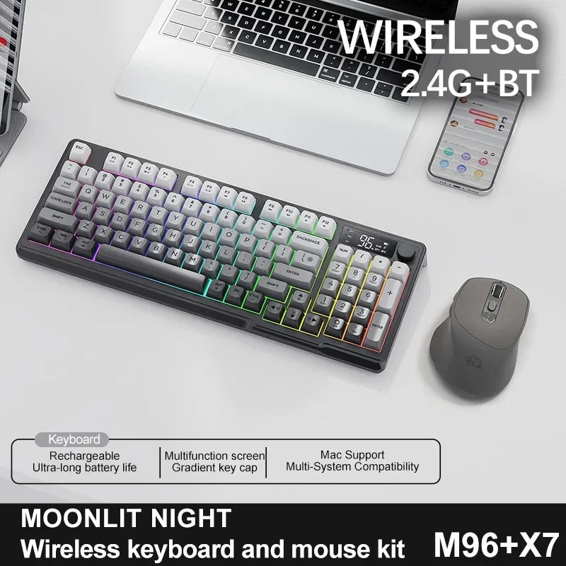 FREEWOLF M96™ Wireless Keyboard & Mouse Combo – Bluetooth 5.0 & 2.4G, Smart Screen, 96 Keys, RGB Backlit, Silent, PBT Keycaps, Multimedia Knob, X7 4000 DPI Mouse | FlipStylez LLC®