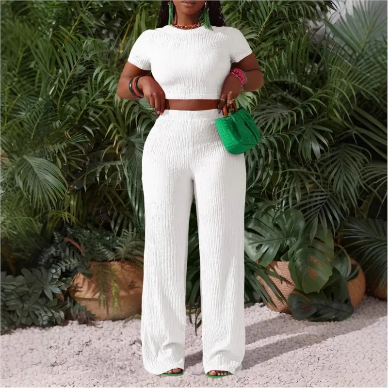 Casual Sports Set for Women Sexy Slim Short Sleeve O Neck Tops+high