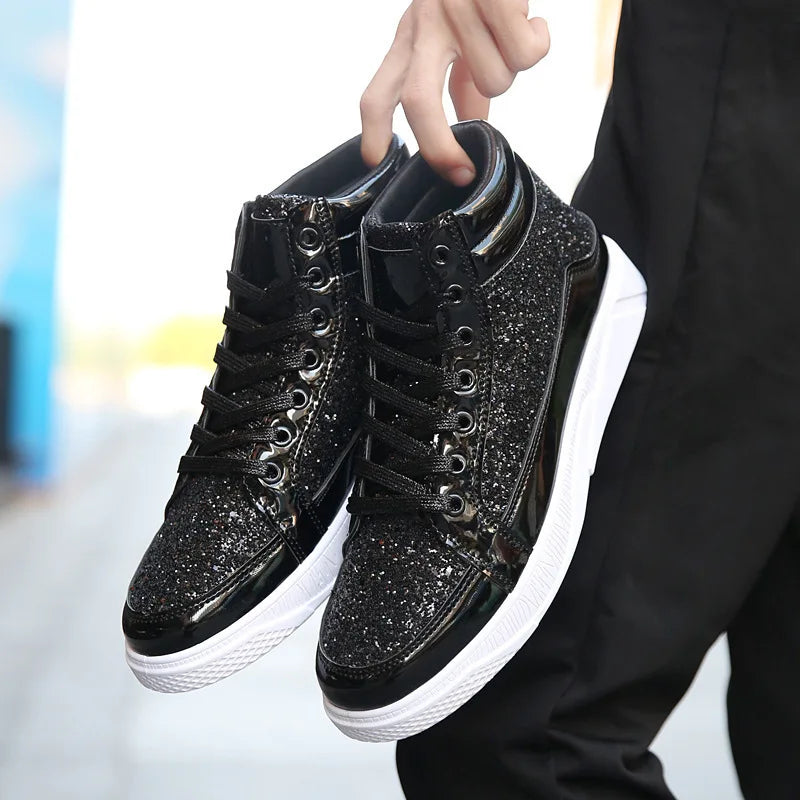 Fashion Men High Top Sneakers Male Ankle Boots Gold Luxury Glitter