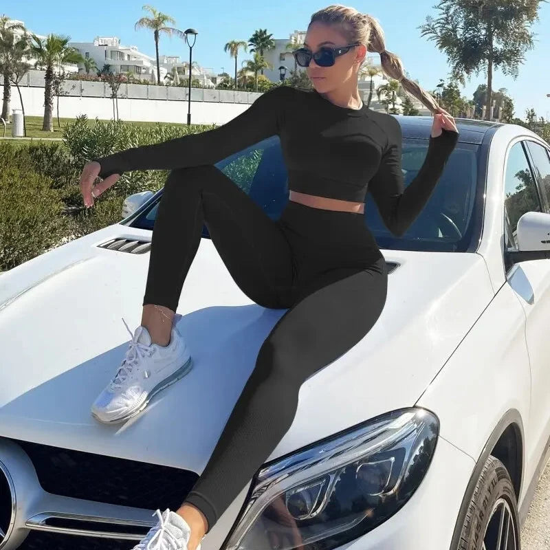 Copped Long Sleeve Leggings Workout Set
