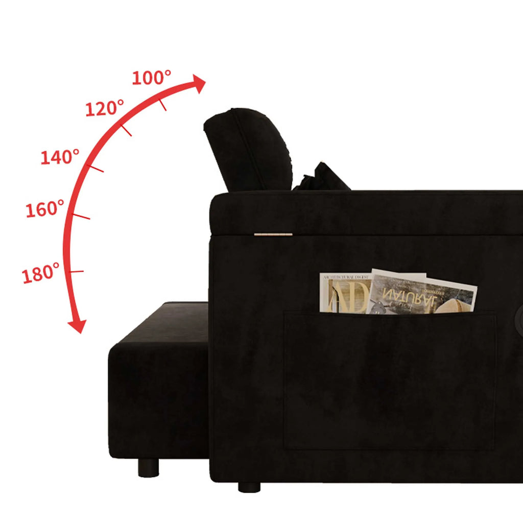 65" 3-in-1 Foldable Velvet Sofa Bed with USB Charging Port, Table Board and Storage Armrests, Adjustable Backrest Sleeper Couch for Living Room Apartment Guest Room, Black