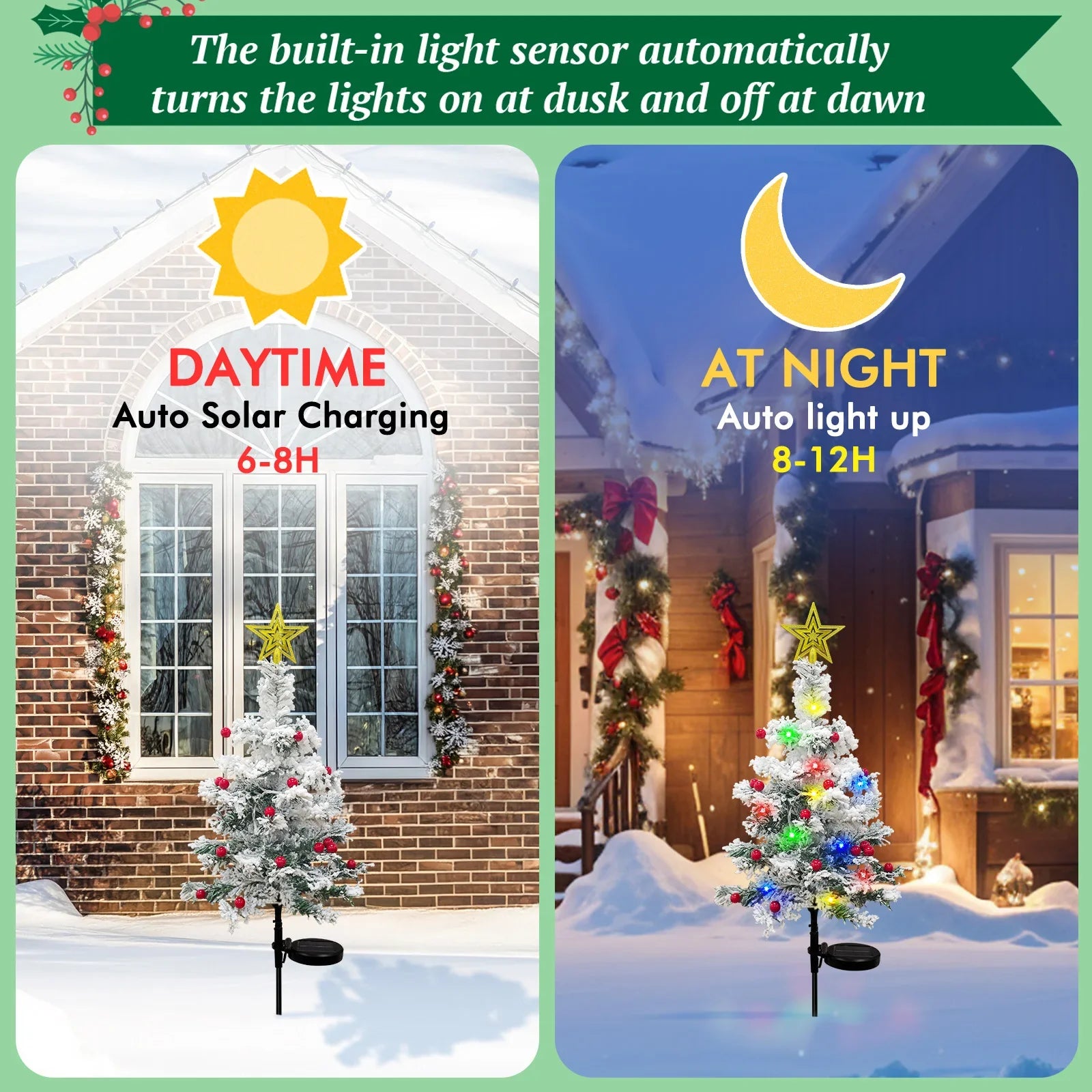 OurWarm 2 pcs Solar Christmas Tree Outdoor Christmas Decor, 29In Flocked Christmas Tree , Mini Small Christmas Tree with 40LED