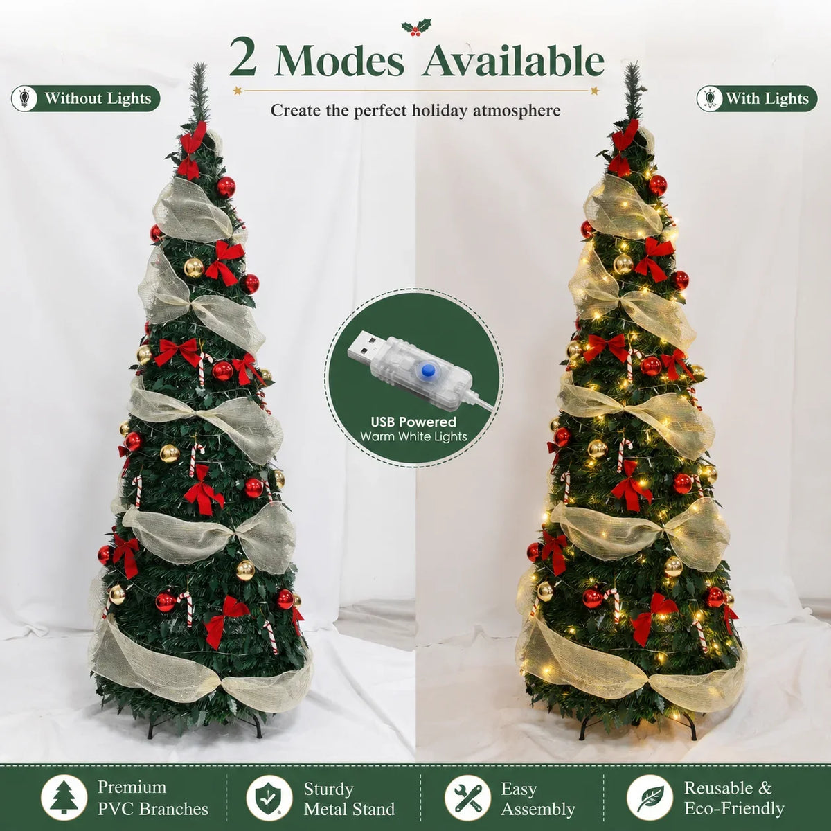 Artificial Christmas Tree with Lights Red Gold Decorations PVC Xmas Tree Easy Assembly 150/180/210cm Holiday Home Decor