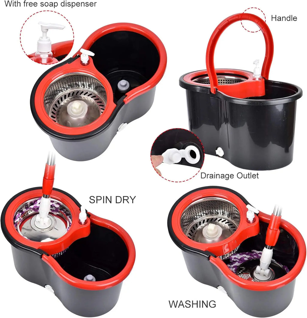 360° Spin Mop Bucket Sets with Wring System in 3 Microfiber Heads