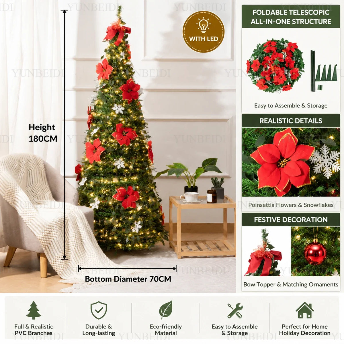 Foldable Integrated Artificial Christmas Tree with Ornaments LED Lights Exquisite 180CM Christmas Tree Home Christmas Decoration