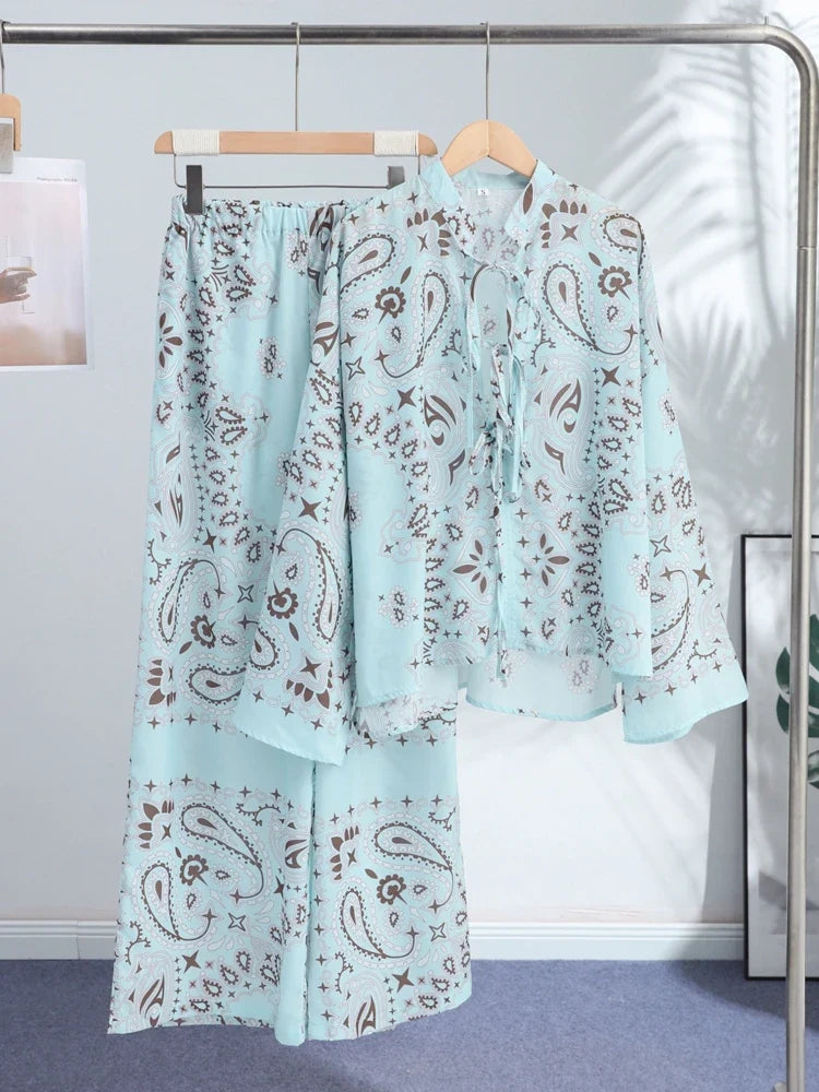 Casual Printed Women's Shirt Trouser Suits Lace Up Long Sleeve Loose
