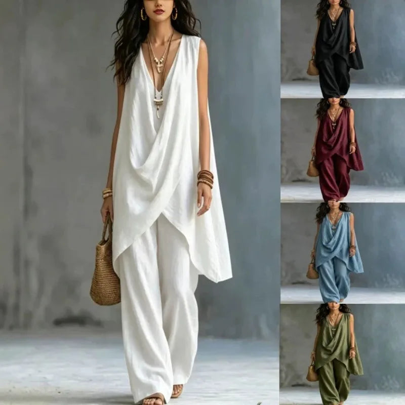 Summer Linen Cotton Sleeveless Stand Collar Set Women Casual Loose Fit
