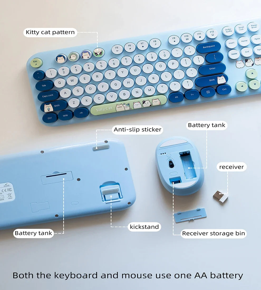 JOMAA™ Retro Cute Cat Wireless Keyboard & Mouse Combo – 104 Keys, Round Keycaps, 2.4GHz, Ergonomic, Auto Sleep, Multi-Language, Beige & Blue | FlipStylez LLC®