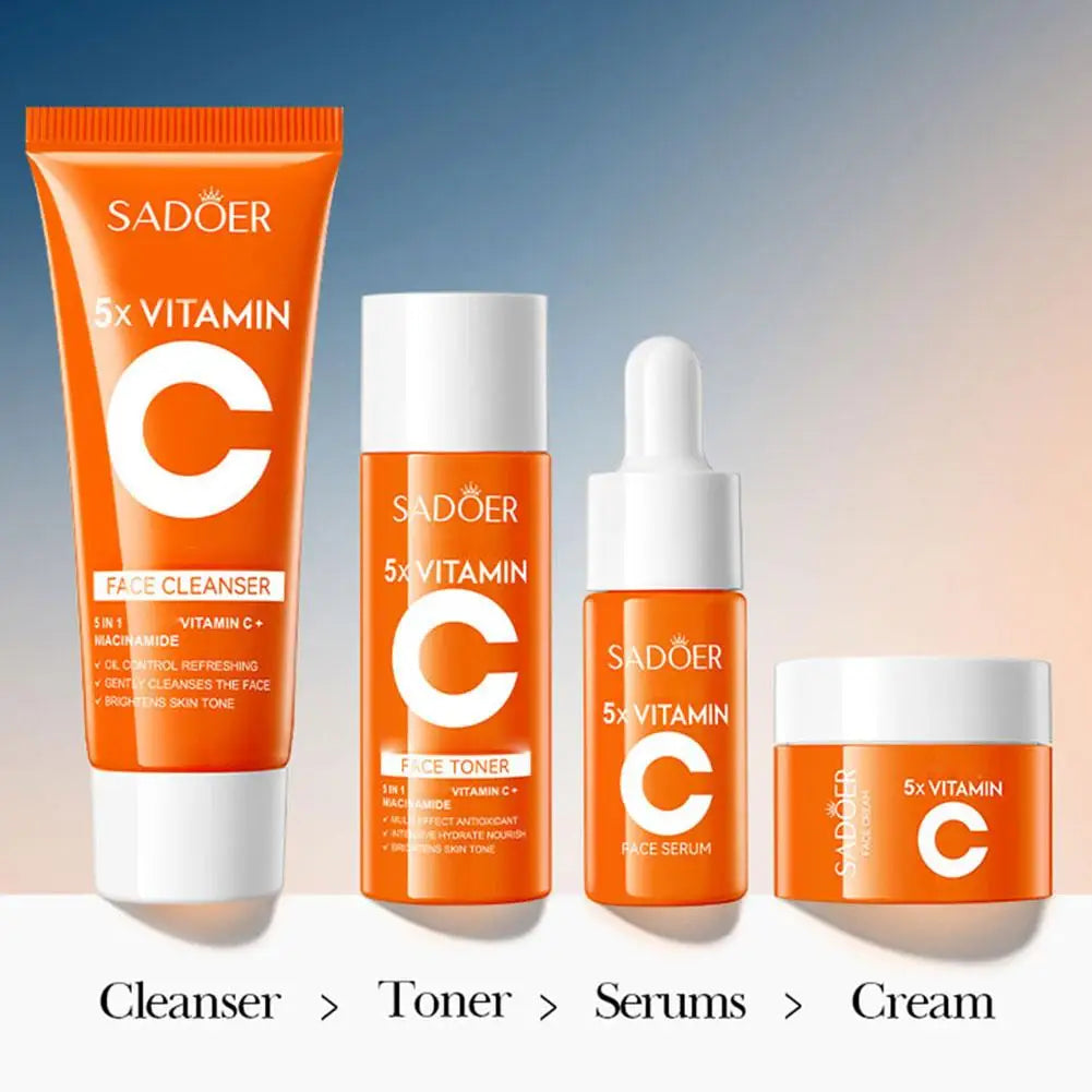 5pcs Vitamin C Skincare Set Travel Portable Face Cream Toner Cleanser and Serum Essence Moisturizing Refreshing Rejuvenate New
