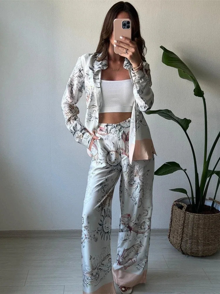 2 Pieces Set for Woman Summer New Elegant Print Long Sleeves Shirt