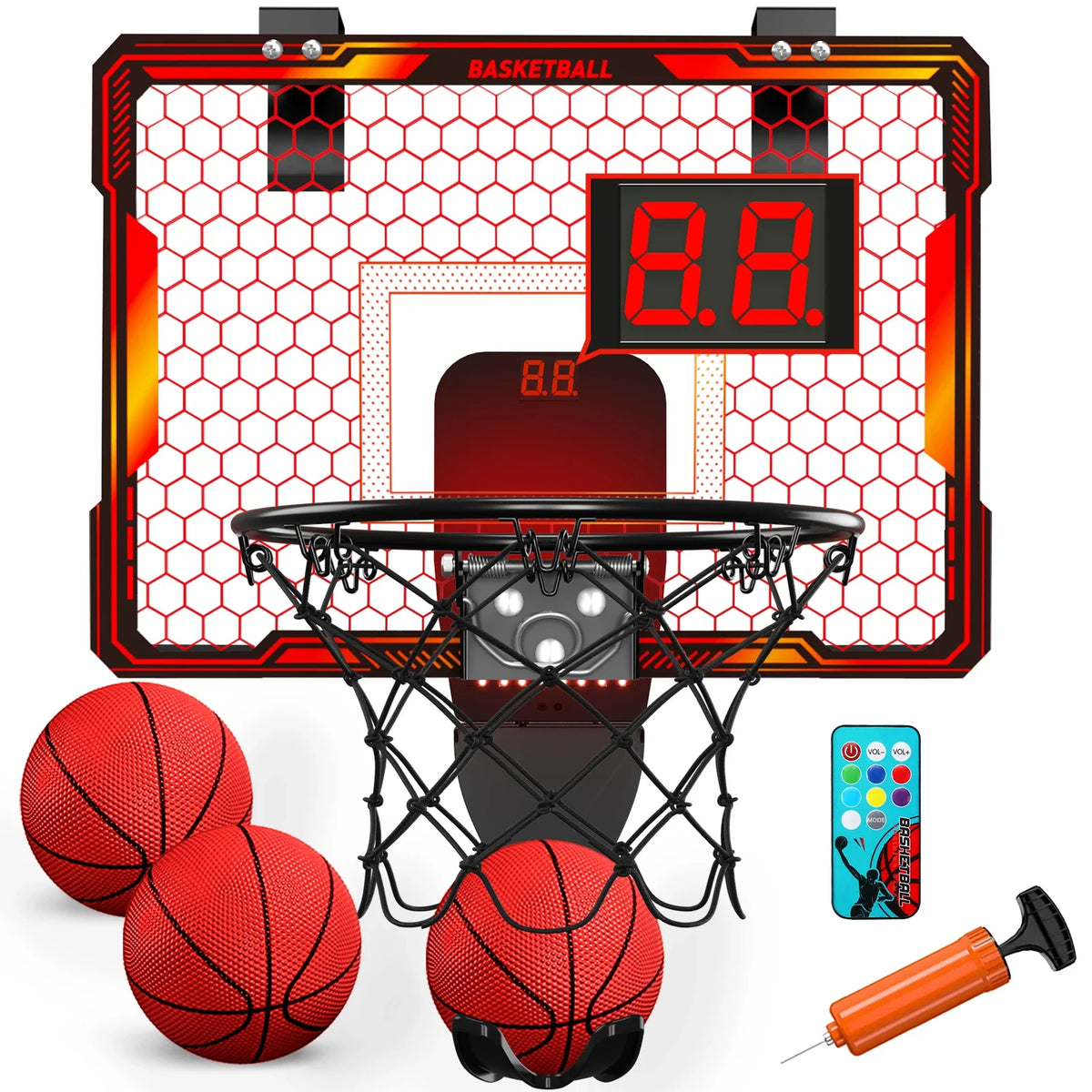 Mini Indoor Basketball Hoop with 7 LED Lights Scoreboard 3 Play Modes Adjustable Volume over Door Foldable for Kids Adults