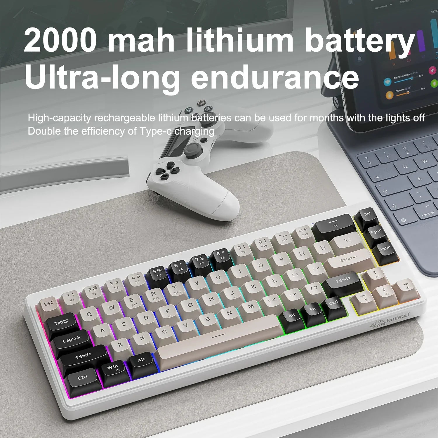 FREEWOLF M68™ Wireless Mini Keyboard & A3 Silent Mouse Set – Tri-Mode Wired/BT/2.4G, 68 Keys, PBT Keycaps, Rainbow Backlit, 2000mAh, 4000 DPI, Type-C, Cheese, Blueberry & Glimmer | FlipStylez LLC®