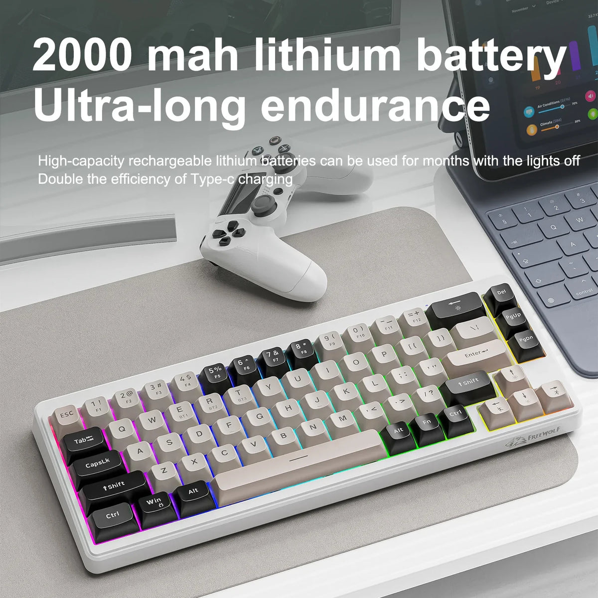 FREEWOLF M68 Wireless Keyboard and Mouse Set Multidevice Connection 68 Keys Mini Keyboard and A3 Mouse Kit PBT keycaps Backlight