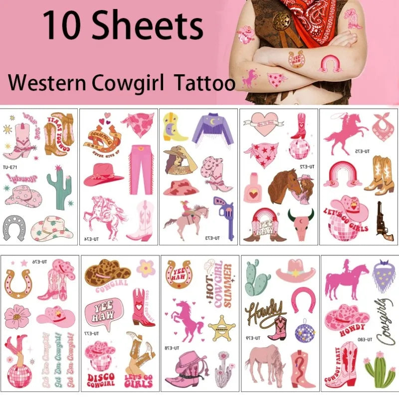 10 Sheets Western Cowgirl Theme Temporary Tattoos Cowboy Boot Hat Body Face Sticker Birthday Bachelorette Wedding Party Decor