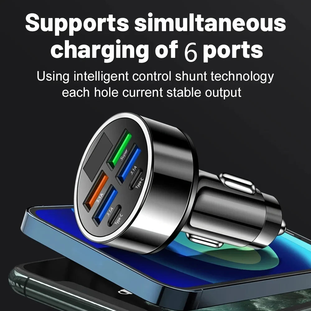 6-In-1 Fast Charging Car Adapter 3.1a Dual Type-C Digital Display