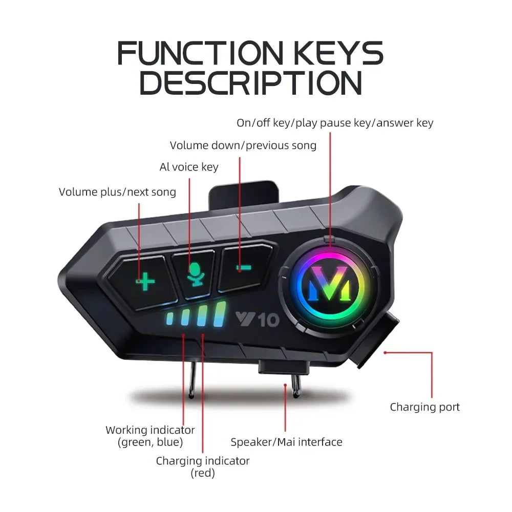 Y10 Motorcycle Bluetooth 5.3 Helmet Headset 🏍️ | Colorful LED Lights | IPX6 Waterproof | 30Hr Hands-Free | FlipStylez LLC®