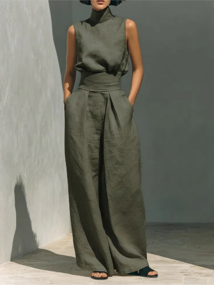 Casual Solid Cotton Linen Two-Piece Set for Women Sleeveless