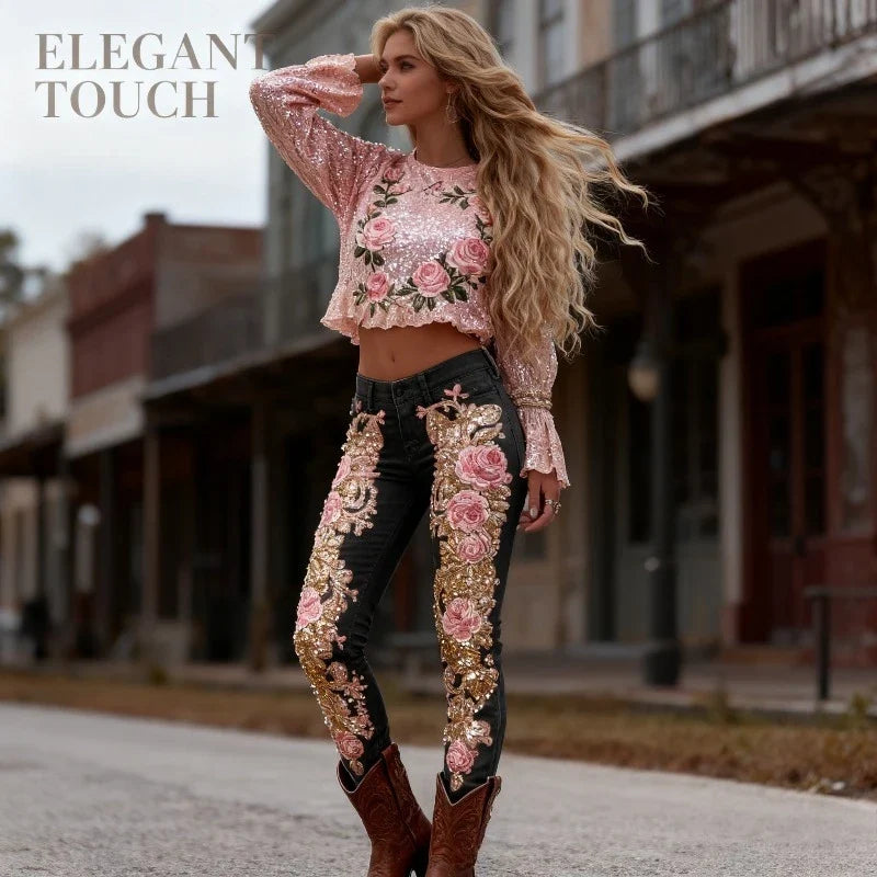 3D Floral Women's Straight Leg Jeans Fashionable and Casual Stretch