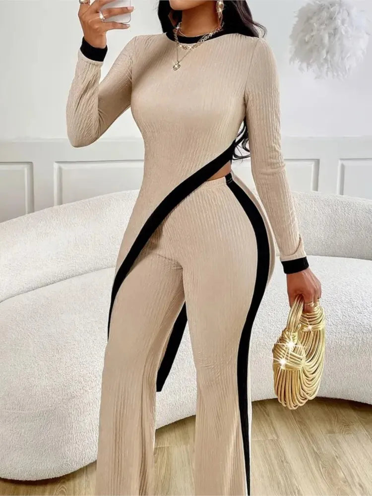 Spring New Casual Trousers Set Woman Irregular Tops Wide Leg Elastic