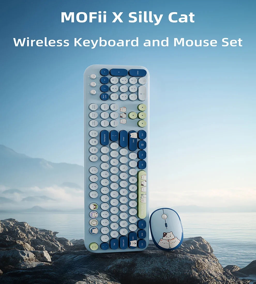 JOMAA™ Retro Cute Cat Wireless Keyboard & Mouse Combo – 104 Keys, Round Keycaps, 2.4GHz, Ergonomic, Auto Sleep, Multi-Language, Beige & Blue | FlipStylez LLC®