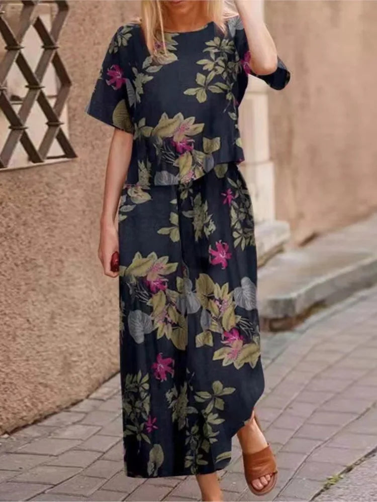Autumn New Women's Fashion Printed Cotton Linen Plant Flower Three