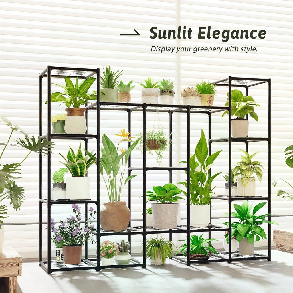 Large Plant Stand Indoor Outdoor Metal Plant Shelf Waterproof Plant Rack For Multiple Plants Wide Flower Stand For Patio Balcony Garden Black