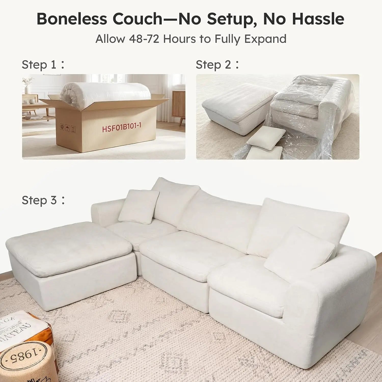 Modular Cloud Sectional Sofa, No Assembly Boneless Couch, High Back Pillows, Living Room & Apartment Durable Fabric, Customized