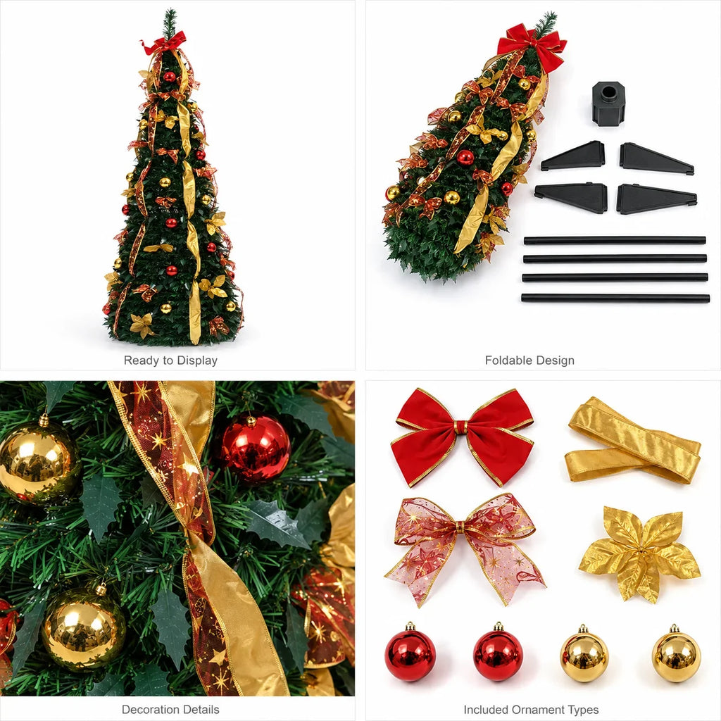 Pre Decorated Foldable Christmas Tree Artificial PVC Xmas Tree 5FT 6FT 7FT with Ornaments Space Saving Design LED Light Option