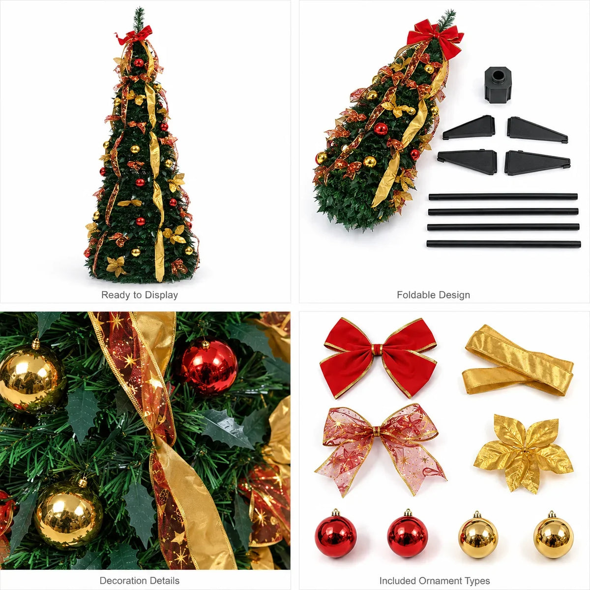 Pre Decorated Foldable Christmas Tree Artificial PVC Xmas Tree 5FT 6FT 7FT with Ornaments Space Saving Design LED Light Option