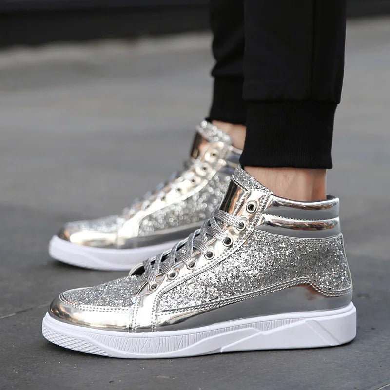 Fashion Men High Top Sneakers Male Ankle Boots Gold Luxury Glitter