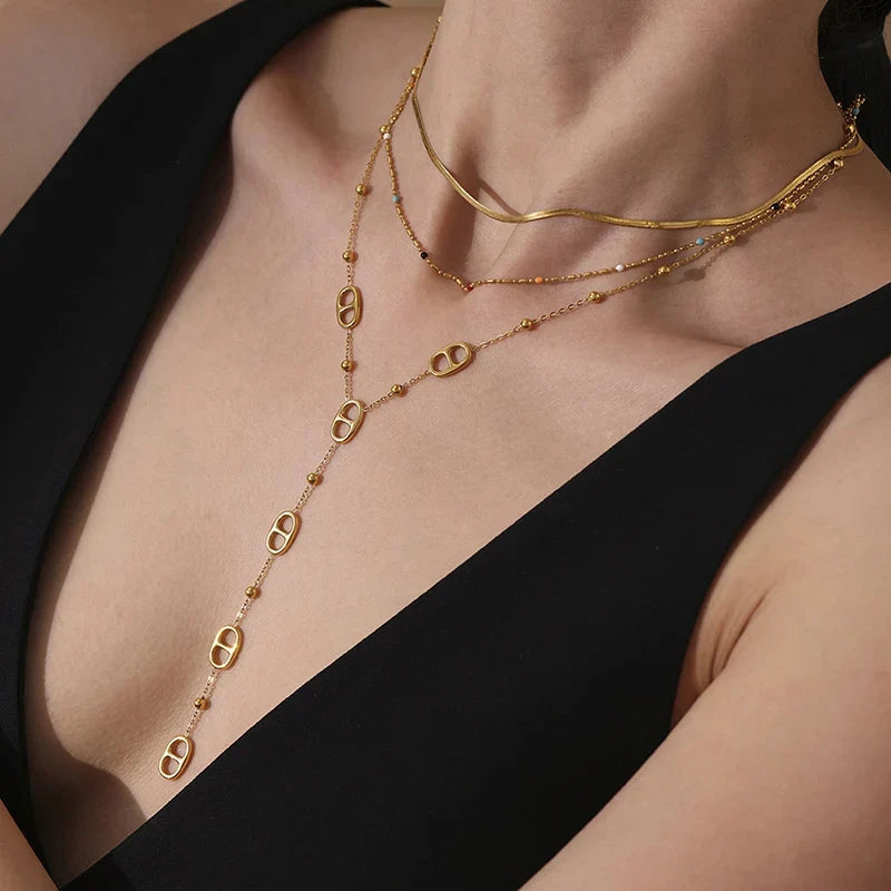 Premium Stainless Steel Long Necklace Trendy Pig Nose Style Y Shape Drop Pendant Waterproof Necklace for Women Girls Jewelry