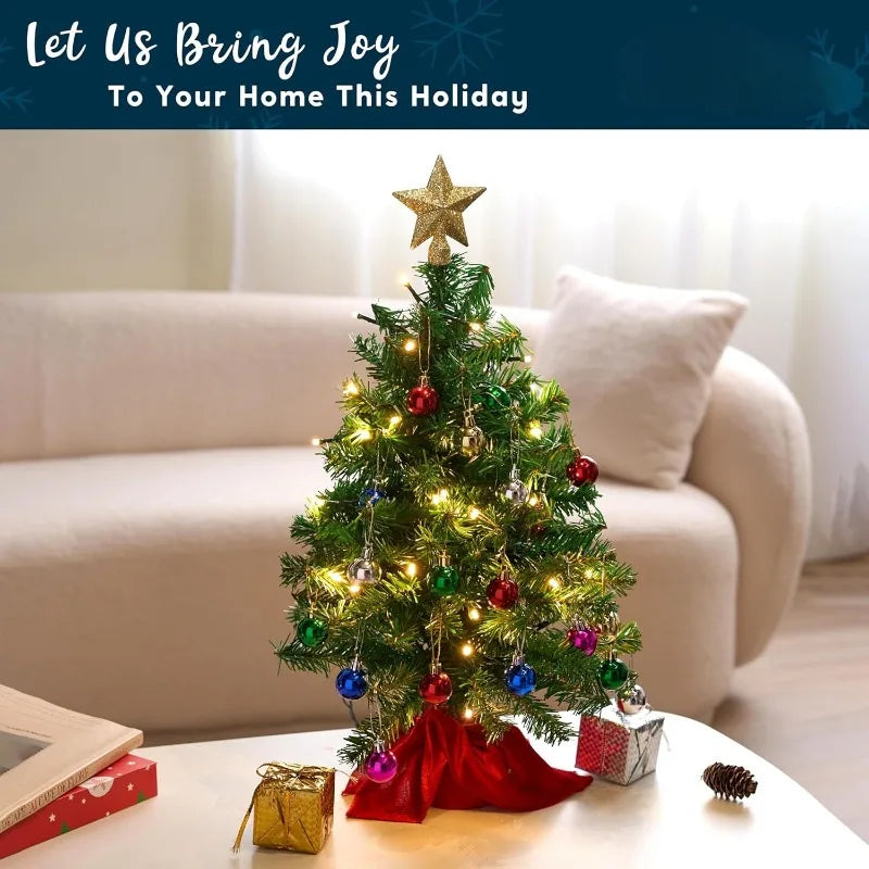 24''/2FT Mini Christmas Tree Tabletop Set with Clear LED Lights Artificial Mini Christmas Tree with Star Treetop and Hanging Ornaments, Best DIY Xmas Decorations (Storage Bag Included)