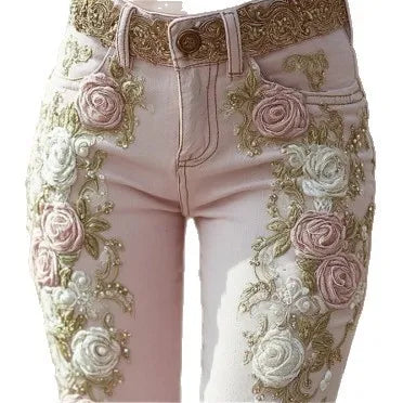 Womens Vintage Pink Rose Embroidery Art Print Jeans Elegant Casual Trousers High Waist Fashion Pants