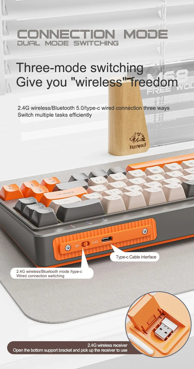 FREEWOLF M68™ Wireless Mini Keyboard & A3 Silent Mouse Set – Tri-Mode Wired/BT/2.4G, 68 Keys, PBT Keycaps, Rainbow Backlit, 2000mAh, 4000 DPI, Type-C, Cheese, Blueberry & Glimmer | FlipStylez LLC®