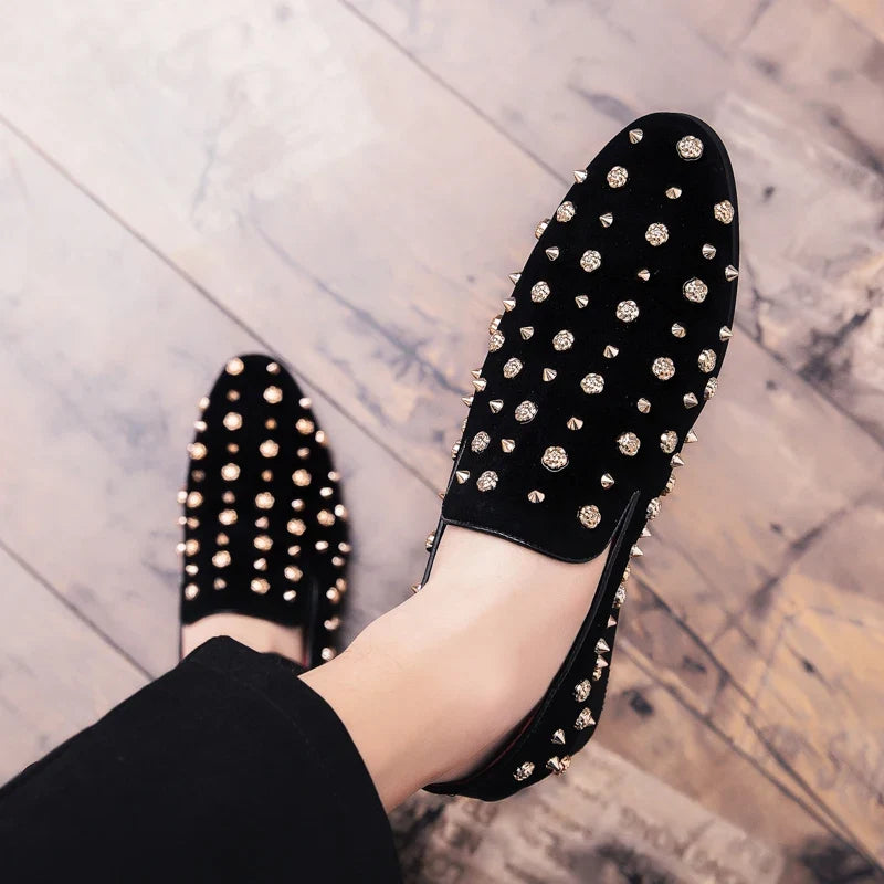 2024 New Brand Black Spikes Mens Loafers Luxury Shoes Denim And Metal Sequins High Quality Casual Men Shoes Wedding Flats Shoes