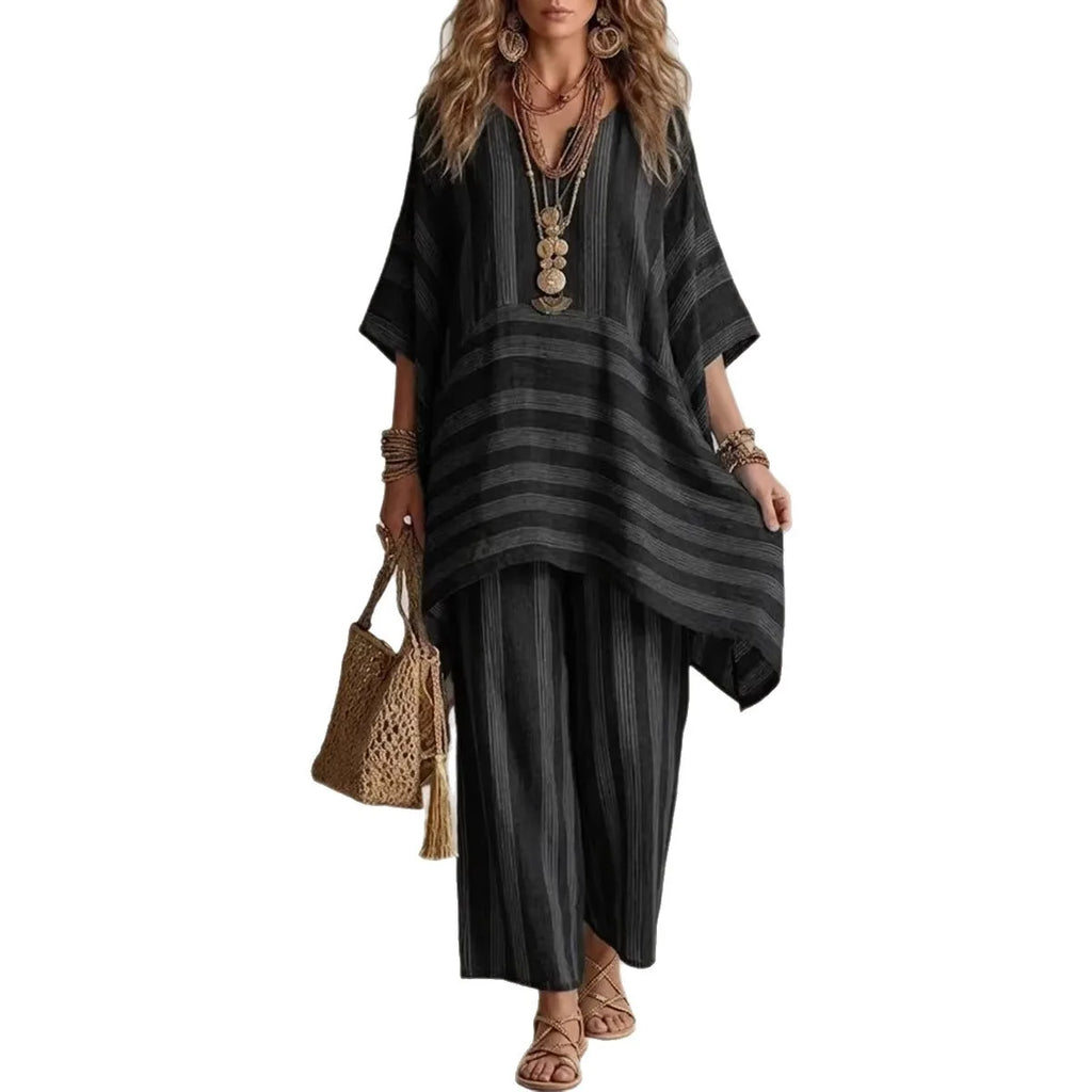New Women's Two Piece Spring/summer Fashion V-Neck Loose Striped