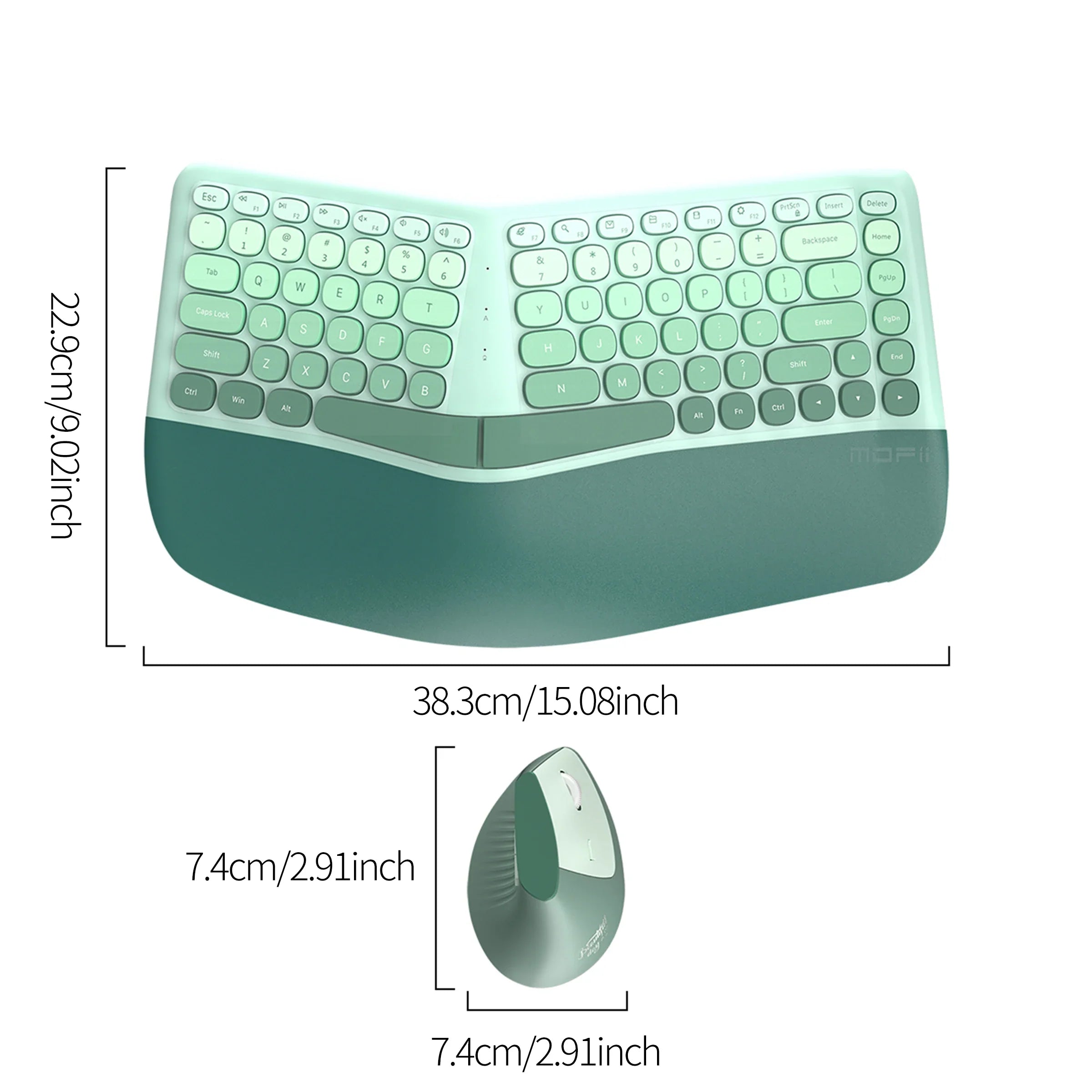 MOFii 1 Set Ergonomic Wireless Keyboard and Mouse Combo, Green Split Design Office Keyboard, 2.4G Wireless Connection, US QWERTY