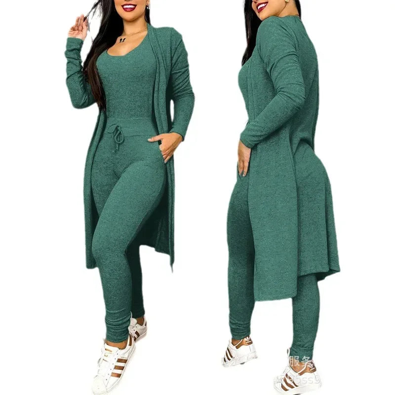 Jumpsuit & Coat Set Autumn Women Drawstring Pocket Pants Sets One