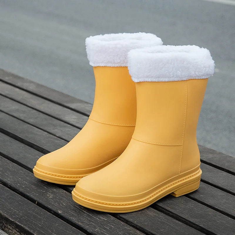 Rubber Shoes for Women Fashion Mid Calf Boots Comfort Waterproof Rain Galoshes Woman Work Garden Gum Boots Offers