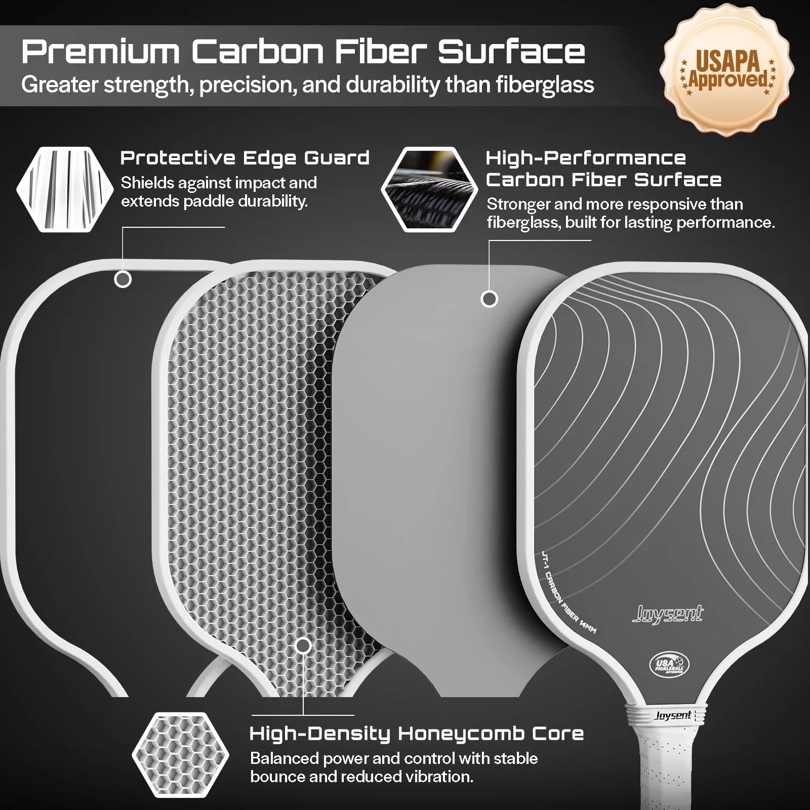 Joysent Pickleball Paddle USAPA T300 Carbon Fiber Pickleball Racket PP Honeycomb 14mm Pickle Ball Paddle For Beginner Men Women